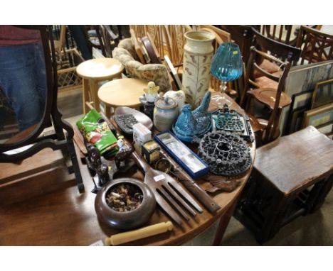 A blue glazed egg crock; a pottery vase; a novelty fork and spoon etc.