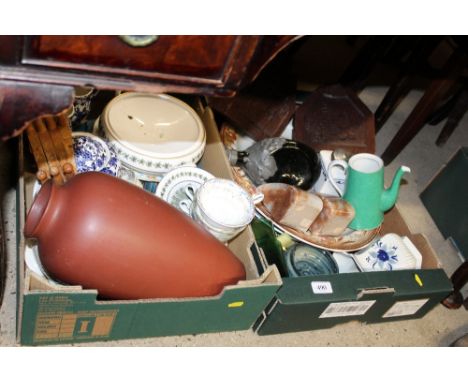 Two boxes containing various china and glassware;  carved oak bookends; Spode tureen and cover; bamboo decorated teaware etc.