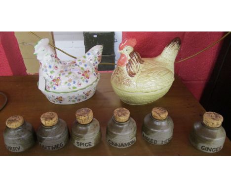 2 chicken themed ceramic egg baskets and spice jars