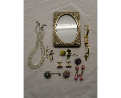 Small box of costume jewellery, ladies Gucci watch & white metal picture frame