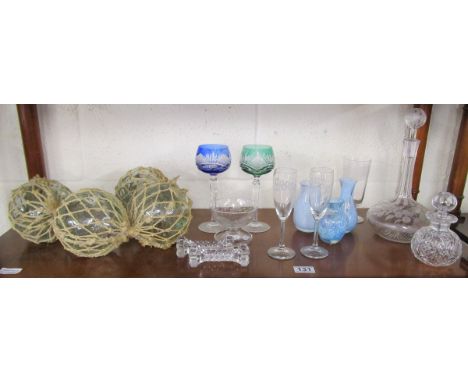 Shelf of glass to include pair of Bohemian glasses, glass buoys, Caithness etc