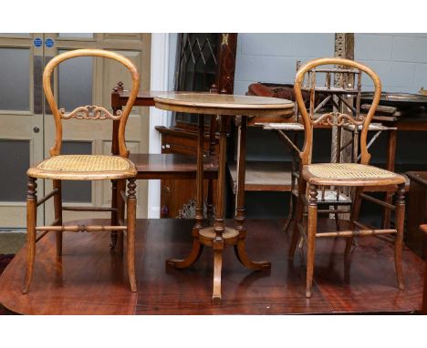 A burr walnut lamp table, 52cm dia by 70cm, on three fluted tapering, supports; together with a pair of 19th-century cane sea