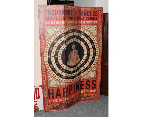Buddhistic themed three-fold dressing screen, each panel 40cm by 181cm