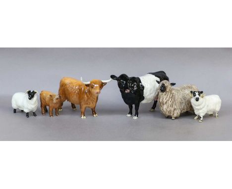 comprising: Highland Cow, model No. 1740 and Highland Calf, model No. 1827D, both tan and brown gloss, Belted Galloway Cow, m