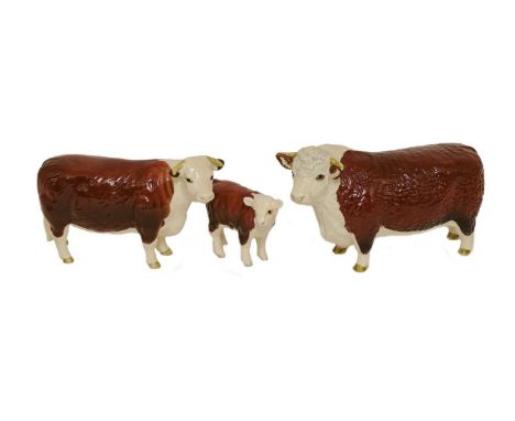 Comprising; Bull, model No. 1363B, Cow, model No. 1360 and Calf, model No. 1827C, all brown and white gloss (3)