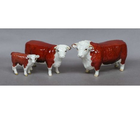 Comprising: Bull, model No. 1363B, Cow, model No. 1360 and Calf, model No. 1827C, all brown and white gloss (3)