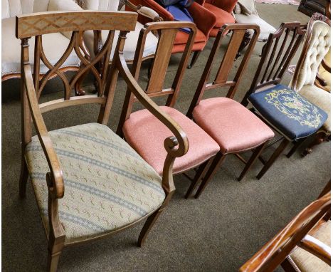 A Victorian button-backed mahogany framed nursing chair, an Edwardian inlaid mahogany open armchair, a 19th-century dining ch