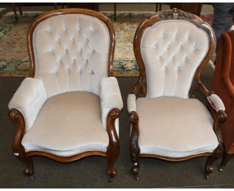 A Victorian walnut framed button-back chair; together with a similar open armchair (2) 
