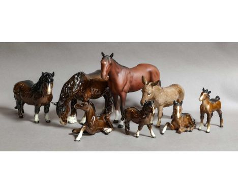 Beswick Brown Gloss Horses and Foals; including Shetland Pony, model No. 1033, Shetland Foal, model No. 1034, Grazing Shire, 