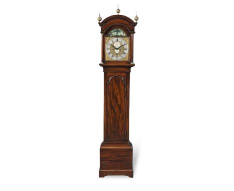 A fine and rare late 18th century mahogany automaton longcase clockRichard Comber, LewesThe arched hood with three ball-and-s