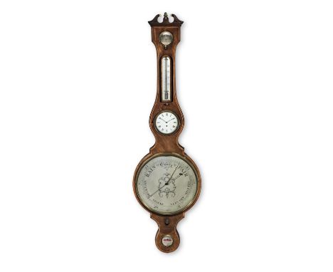 A rare early 19th century kingwood-banded mahogany wheel barometer with timepieceJ Saldarini, Peterborough, the timepiece by 