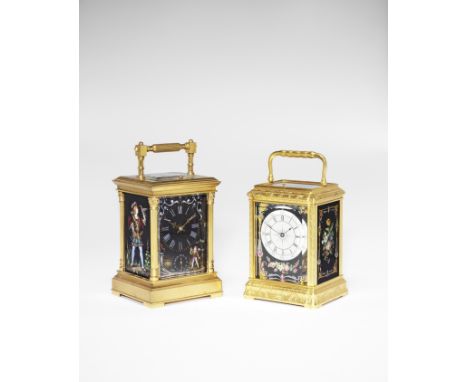 A good and rare late 19th Century French carriage clock with three Limoges panelsNumbered 671The ribbed and block handle abov