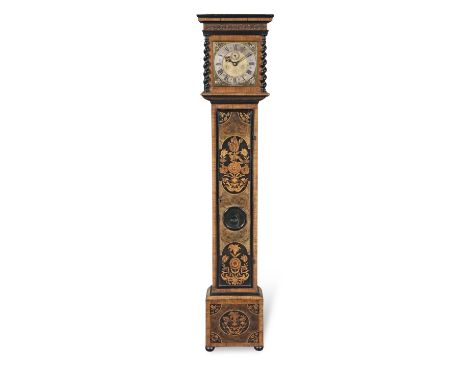 A good late 17th century walnut marquetry-inlaid and laburnum oyster-veneered longcase clock with silver-mounted 10 inch dial