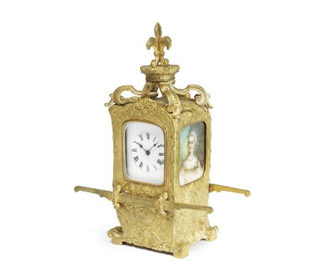 A rare late 19th/early 20th century gilt French novelty clock in the form of a Sedan ChairMaple &amp; Co, number 64422The cas