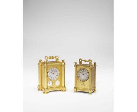 A FINE MID 19TH CENTURY ENGINE TURNED GILT BRASS CARRIAGE TIMEPIECE WITH SUBSIDIARY SECONDS AND CALENDAR DIALSBarwise, London