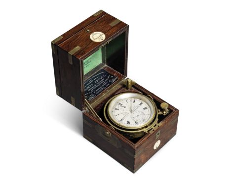 An extremely rare and fine mid-19th century brass-bound rosewood two-day marine chronometer with Hartnup balance.   Previousl