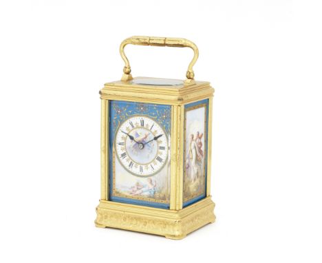 A late 19th century French Sevres-style porcelain panelled carriage clock by DrocourtRetailed by Cooke &amp; Kelvey, Number 9