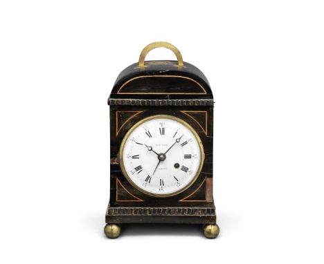 A very rare second quarter of the 19th century boxwood-strung ebonised travel timepiece with alarm and quarter repeatWestwood