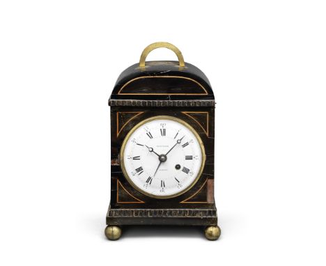 A very rare second quarter of the 19th century boxwood-strung ebonised travel timepiece with alarm and quarter repeatWestwood