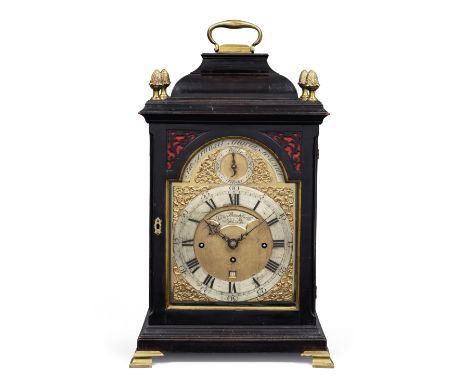 A mid-18th century ebonised table clock with quarter chime on ten bells and hammersBenjamin Shuckforth, DissThe inverted bell