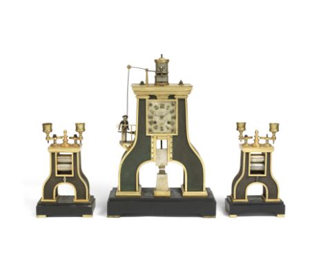 A rare late 19th century French gilt and patinated brass automata Industrial steam hammer clock garnitureGuilmet, ParisThe ce