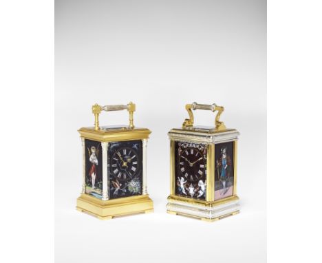 A fine and rare late 19th Century French silvered and gilt brass carriage clock set with three Limoges enamel panelsBreguet, 