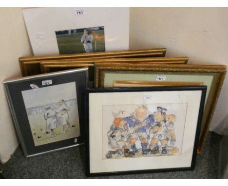 Framed humorous prints, pair of countryside prints, unframed cricket print (6)
