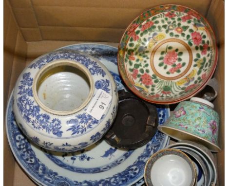 Six oriental tea bowls together with two Chinese floral rice bowls and a Kangxi vase and two Nanking plates