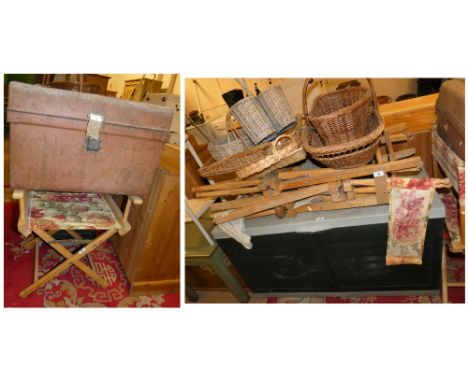 A PVC garden storage container, 119cm long, 46cm deep and 64cm high together with various wicker baskets, folding chairs, met