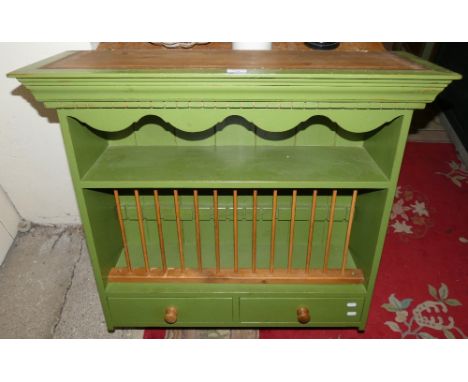 A painted pine kitchen plate rack incorporating two drawers and a shelf, 87cm long, 90cm high and 29cm deep