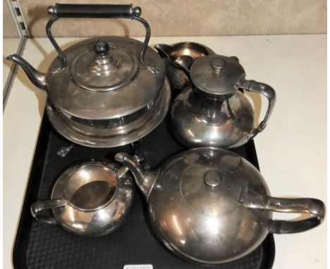 An electroplated tea kettle on stand by Hukin and Heath, circa 1920 together with a four piece EPNS tea and coffee service (5