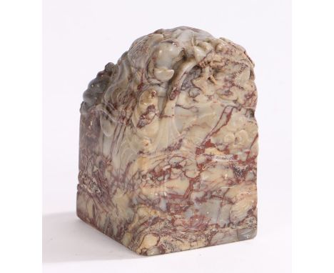Chinese soapstone seal, of large proportions, carved with mythical creatures around the seal, with character marks to the bas