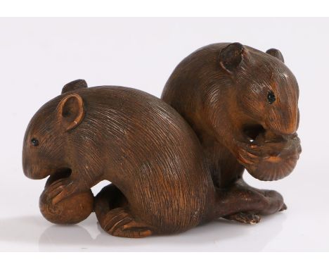 Japanese Meiji period boxwood netsuke, carved as two mice eating nuts, 4.5cm long