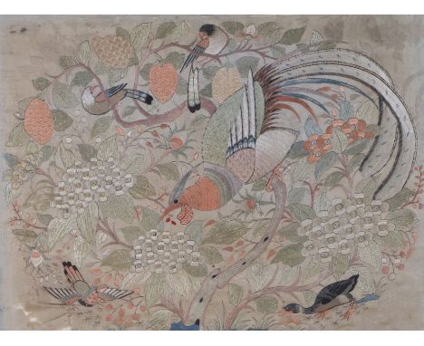 Japanese needlework silk panel, depicting birds on a blossoming branch, housed in a gilt and glazed frame, the panel 50cm x 4