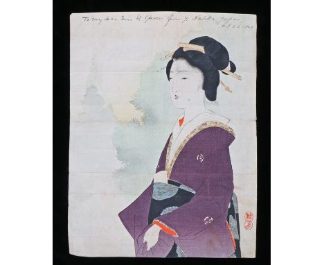 Japanese Meiji period print, of a Geisha, in pen to the top of the page the text "To my dear Miss W. Spencer from Y. Nabika, 