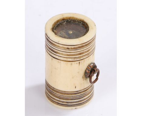 Japanese Meiji period ivory netsuke, barrel form with a compass to the top, 3.5cm high