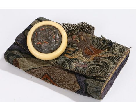Japanese Meiji period Tobako-Ire (tobacco pouch) the Kagamibuta netsuke with a dragon on metal and ivory surround attached to