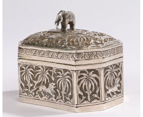 19th Century Indian silver tea caddy, with elephant form finial, the lid and body with animal and palm tree decoration, 4.2oz