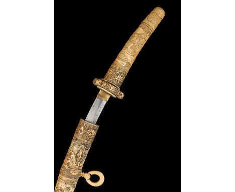 Japanese Meiji period Katana, the carved ivory scabbard with figural scenes in traditional dress a conforming tsuba and grip,