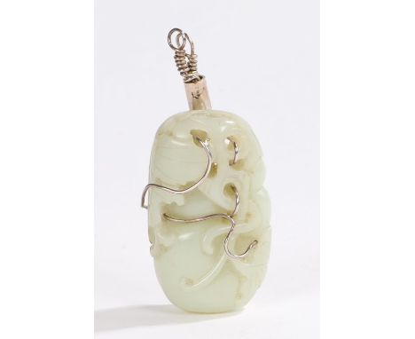 Chinese Qing dynasty celadon jade pendant, carved as an aubergine with a white metal wire work pendant fitting, 7.7cm long