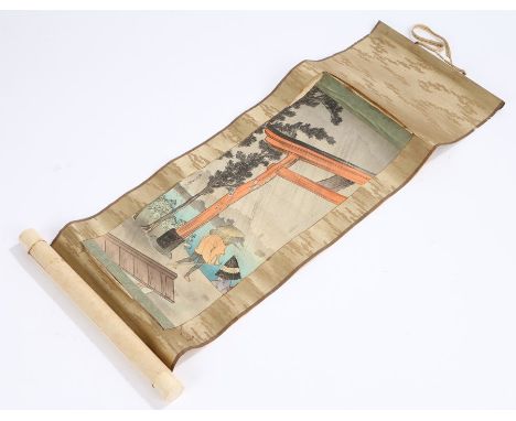 Japanese Meiji period scroll, of tiger figures standing by an entrance, script to the side, laid onto a silk panel and bone s