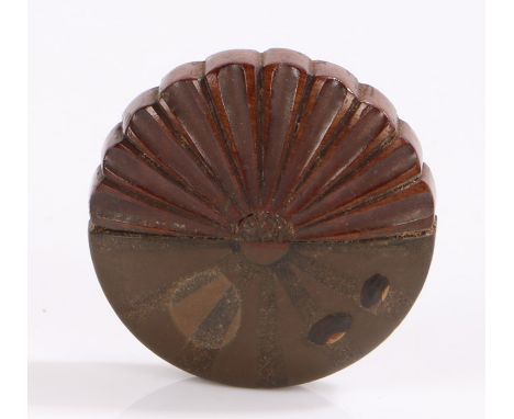 Japanese Edo period boxwood and lacquer netsuke, with a half fan and lacquer design, 4cm wide 