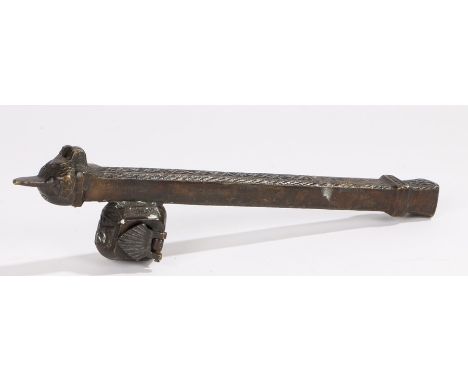 Middle Eastern scribes pen box, the end of the box with a hinged lid and inkwell to the side an interlaced design to the box,