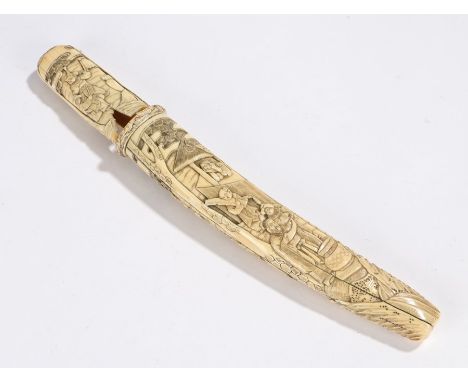 Japanese Meiji period Tanto scabbard, the ivory scabbard carved with figures performing various activities, lacking blade, ap