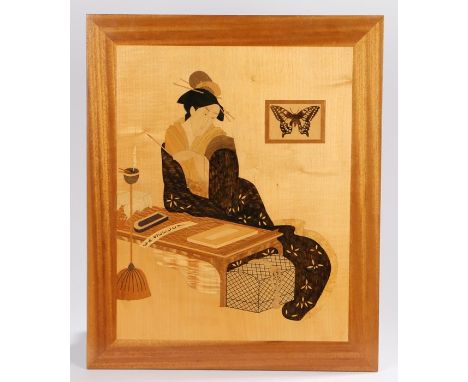 Japanese inlaid panel, post war period, the picture depicting a reclined figure by a table, 50cm x 60cm