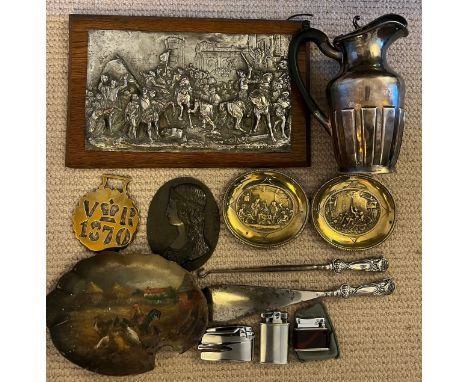 A miscellany to include toleware painted dish, wooden mounted electrotype, 30cm x 19cm, pair of Elkington electrotypes, plate