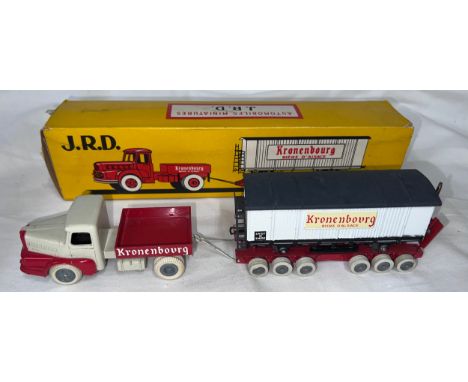 A J.R.D. model of a Kronenbourg tractor &amp; trailer load with a railway wagon, Model No. 123. 