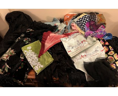 A large quantity of good quality early 20thC scarves, shawls, handkerchiefs, a Victorian ladies bodice/blouse etc. 