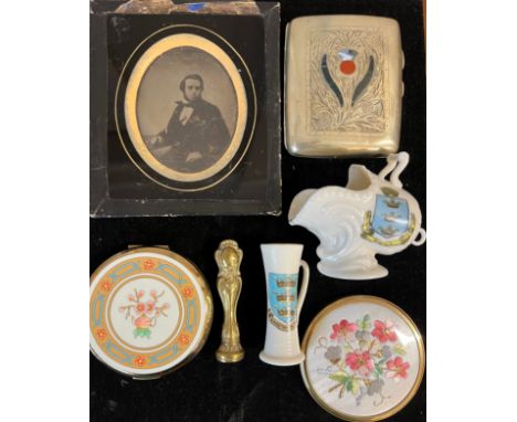 A miscellany to include 19thC photograph of a gentleman, hard stone set plated cigarette case, brass seal, Stratton compact, 