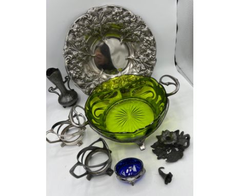 WMF to include footed plated dish 28cm d, two pewter beaker holders, pewter fruit bowl with green glass liner and posy vase w